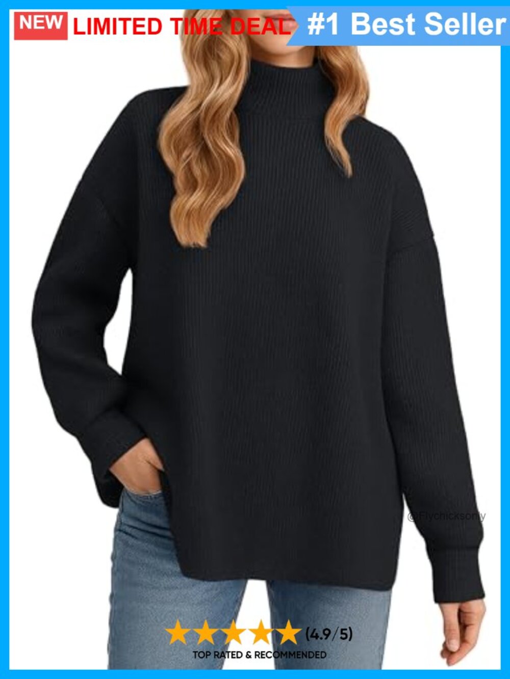 Turtleneck Oversized Drop Shoulder Side Slit Knit Pullover Sweater